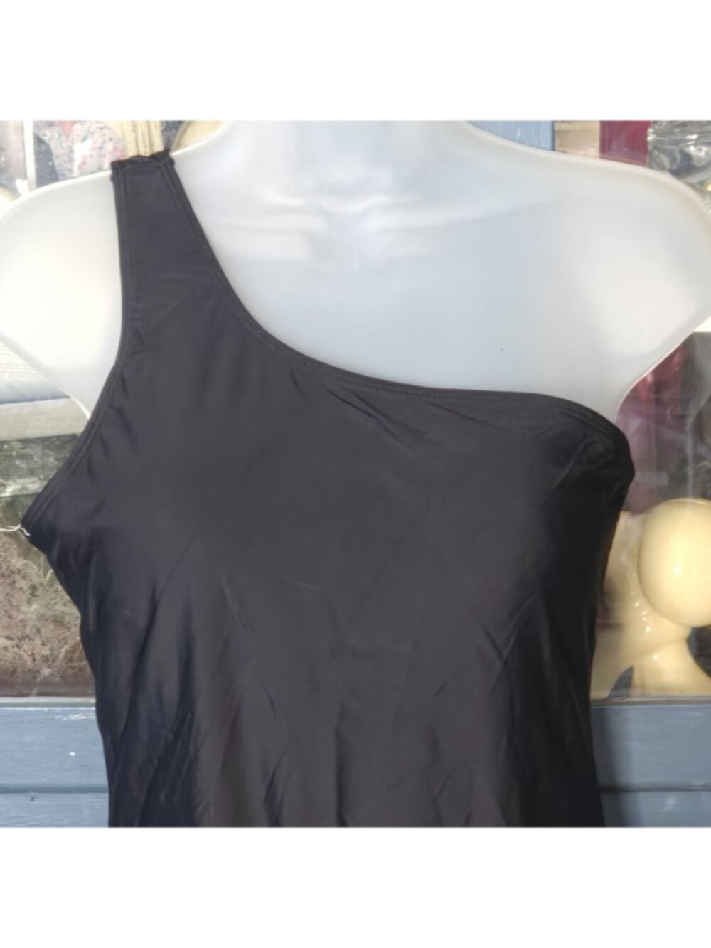 Black One Shoulder Swimsuit XL Asymmetrical One Piece Lined Removable Padding - Picture 2 of 7